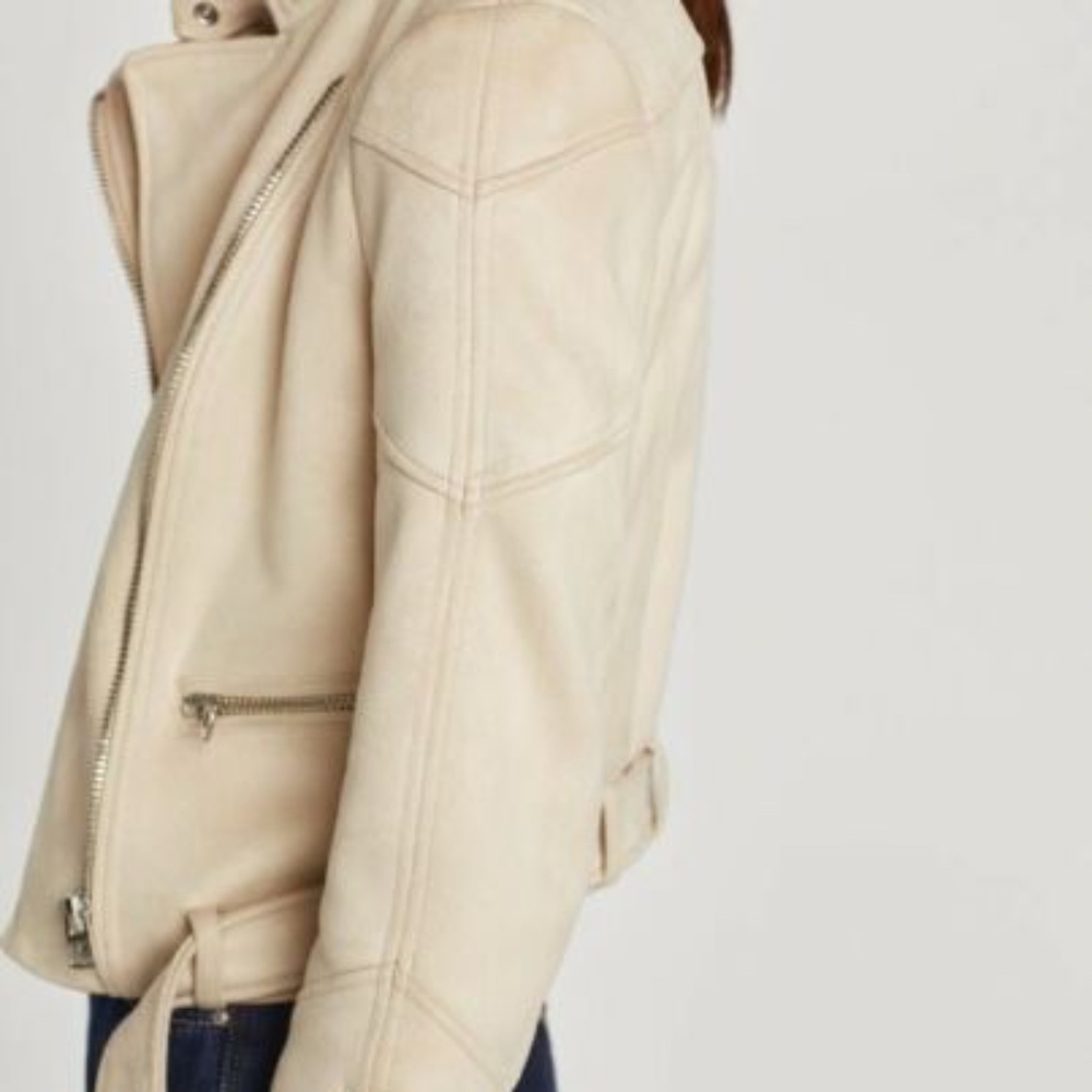 ZARA FAUX SUEDE BIKER JACKET STONE sz XS - Picture 5 of 8